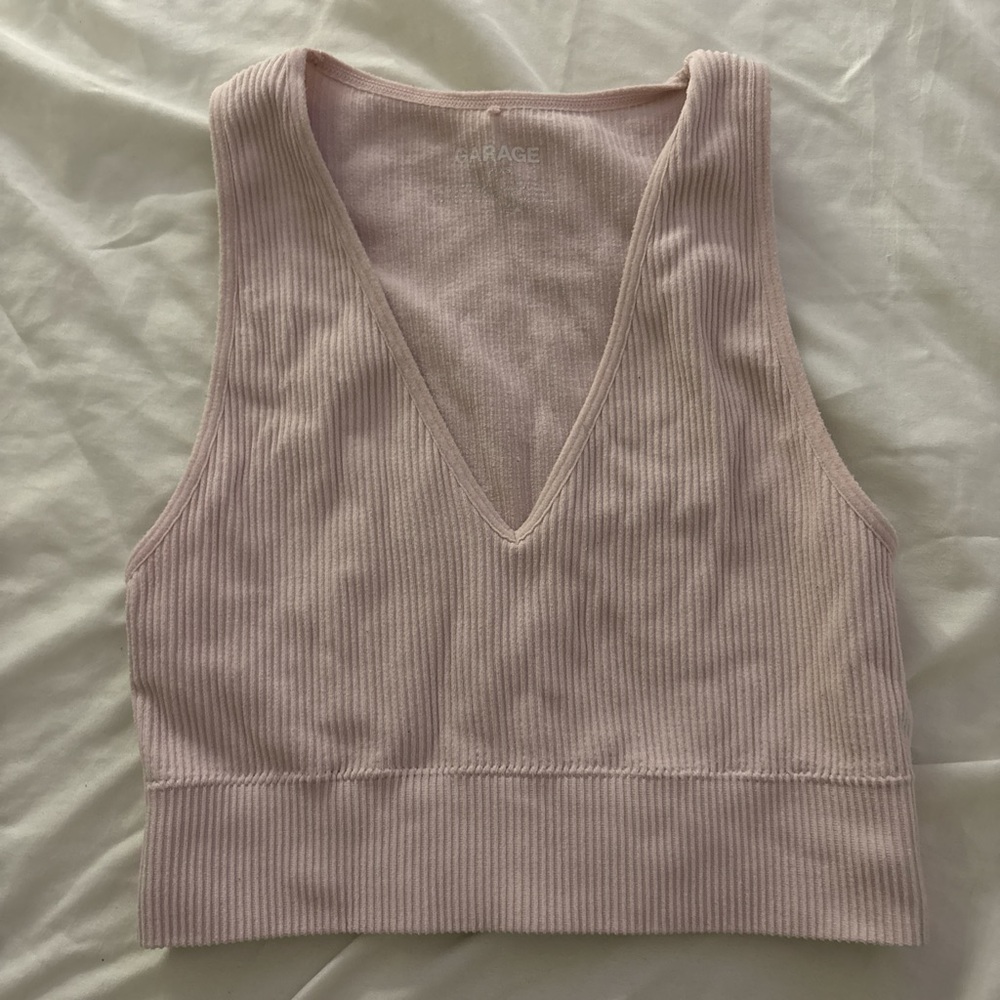 Garage Light Pink Ribbed V-Neck Crop Top
